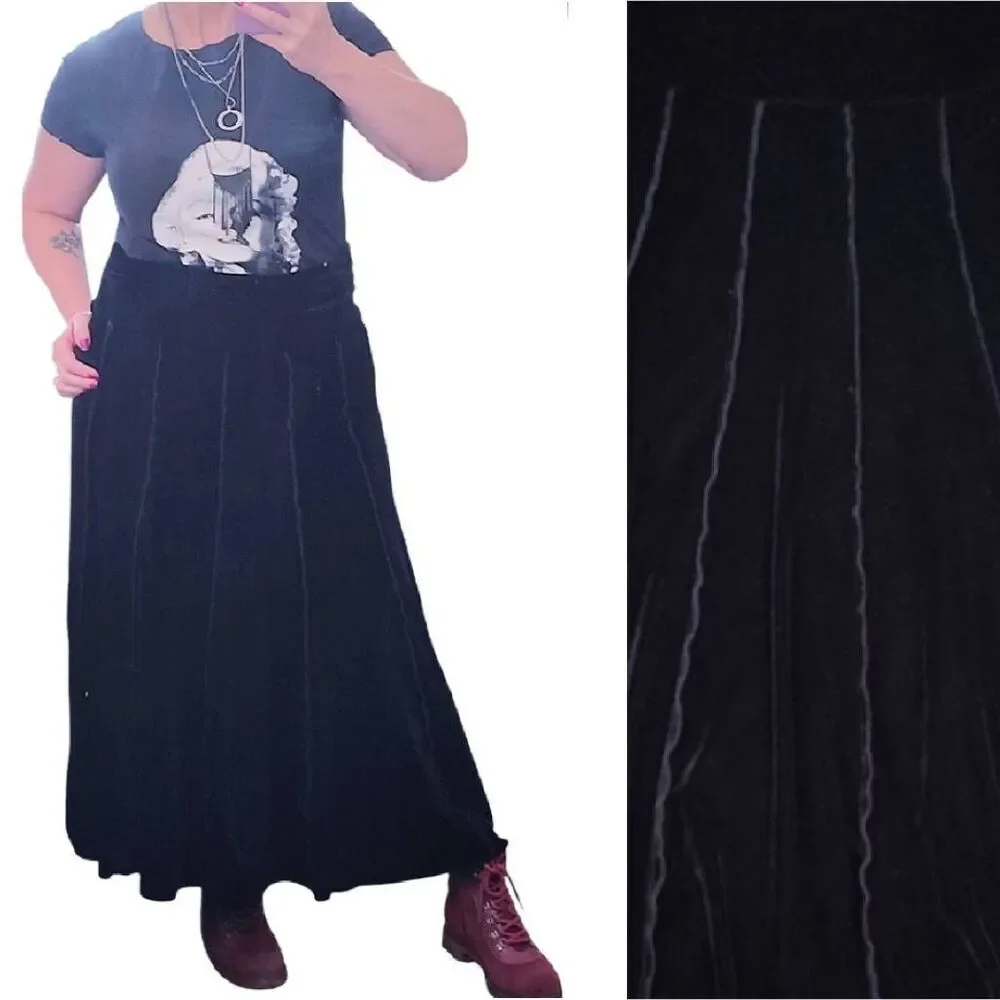 VTG Y2K Black Velvet Panelled Pull On Whimsigoth Midi Skirt Large A Line Goth